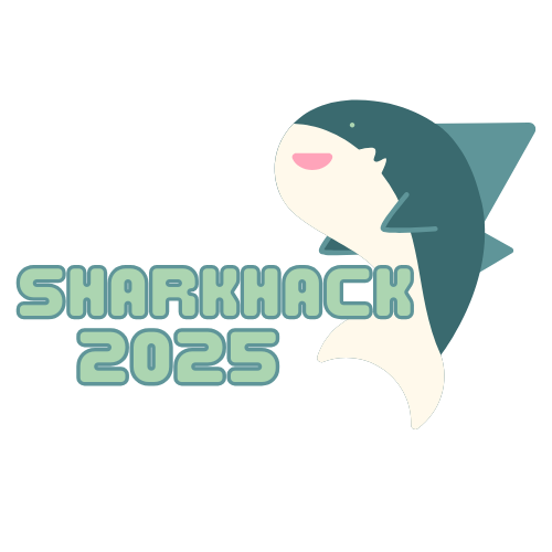 SharkHack 2025 logo. Words 'SharkHack' with image of shark near a computer